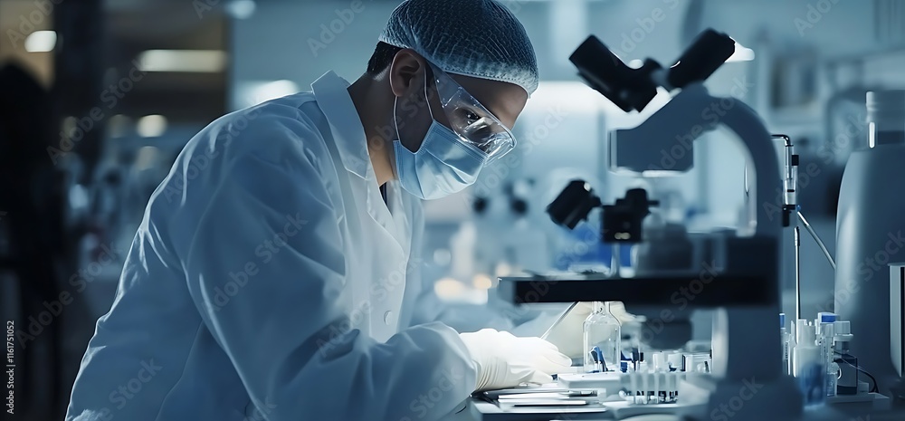 Poster a scientist in a lab coat examines samples under a microscope in a laboratory.