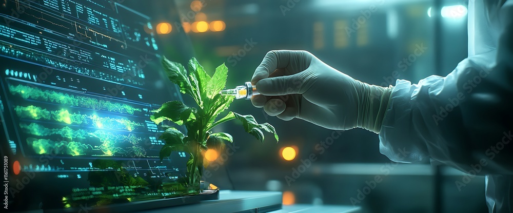 Poster a scientist injects a plant with a syringe in a high-tech laboratory setting.