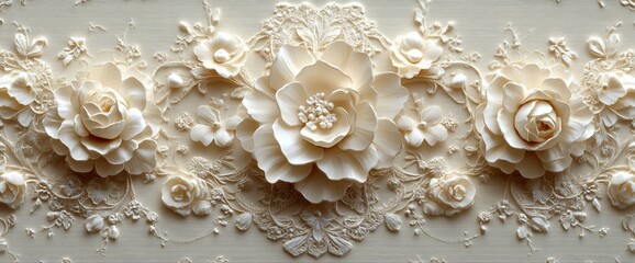 Elegant 3D Floral Wall Art Intricate Cream Roses and Flowers in Relief