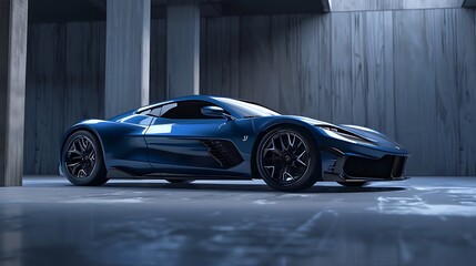 blue luxury sports car driving through a modern city at night, with neon lights reflecting on its...