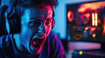 A gamer passionately reacting while wearing headphones, surrounded by a colorful, illuminated gaming setup.