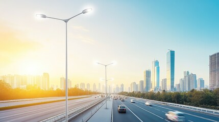 A modern cityscape at sunrise with a highway and skyscrapers in the background.