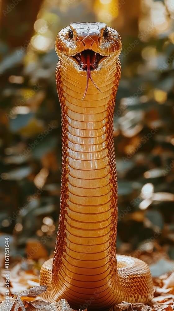 Poster a close-up of a snake with its mouth open, displaying its fangs in a natural setting.