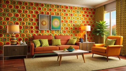 Vintage 1960s or 1970s retro living room interior with bright colors and bold patterns, retro, vintage