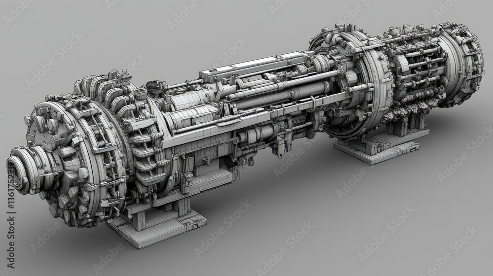 Poster a detailed 3d model of a jet engine showcasing its complex mechanical structure.
