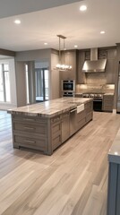 Modern Kitchen Island Design With Gray Cabinets And Stone Countertop