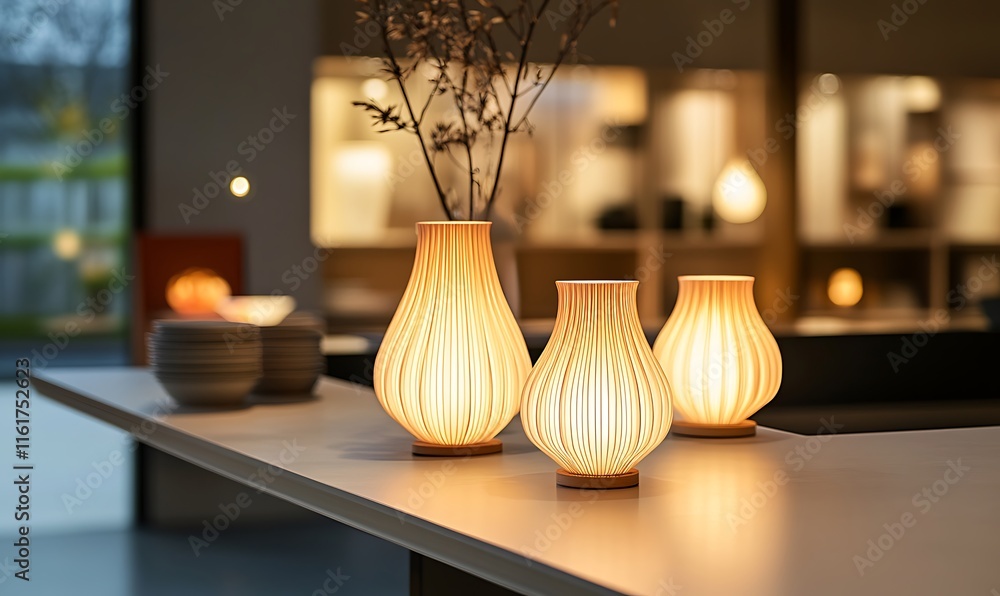 Poster a serene display of three elegant lamps on a minimalist table setting.
