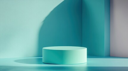 Teal Cylinder Display Stands in Corner Room