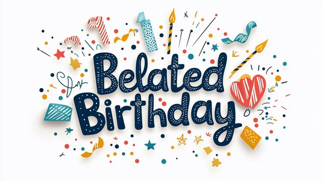 Belated Birthday hand-drawn lettering with colorful confetti and fireworks.