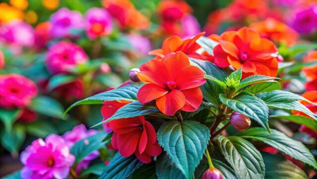 Vibrant and colorful Impatiens balsamina flowers in a garden setting, balsam, garden, rose, touch-me-not, spotted, snapweed