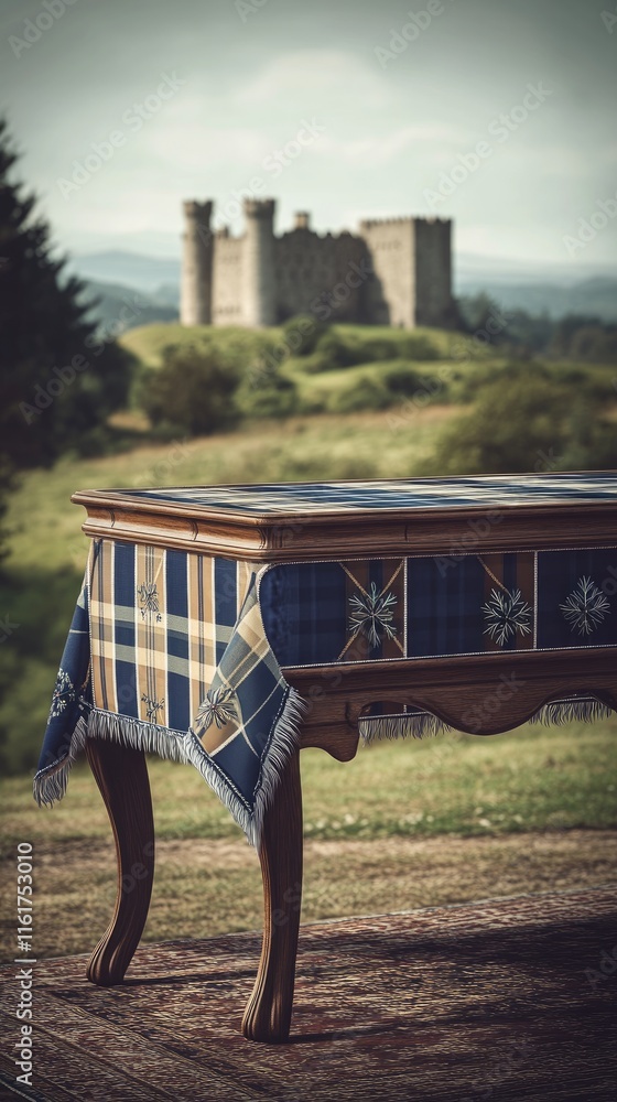 Aufkleber a rustic table draped in a patterned cloth with a castle in the background.