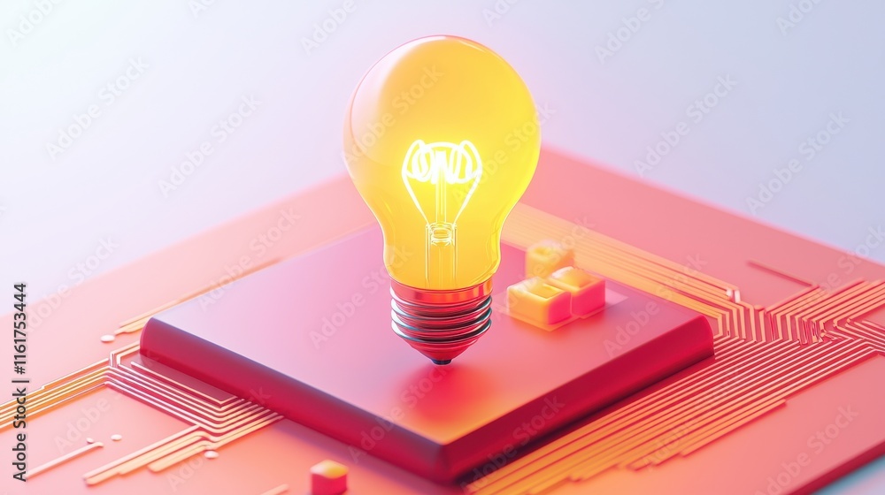 Poster glowing digital circuit light bulb surrounded by a patterned electronic design representing innovati