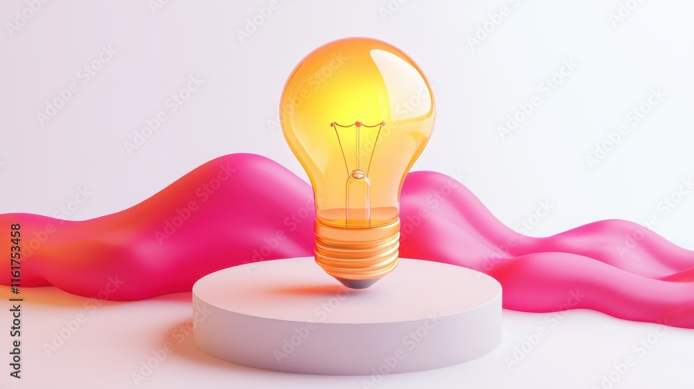 Poster glowing golden light bulb suspended in a dynamic fluid composition of colorful abstract waves and sh