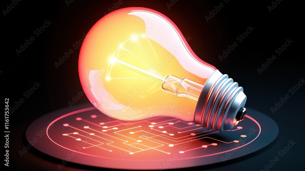 Poster glowing light bulb enveloped in a digital circuit pattern symbolizing the creative power of technolo
