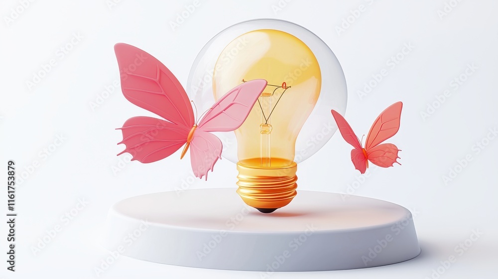 Poster light bulb encased within a glass dome with vibrant butterflies resting on the surface symbolizing t