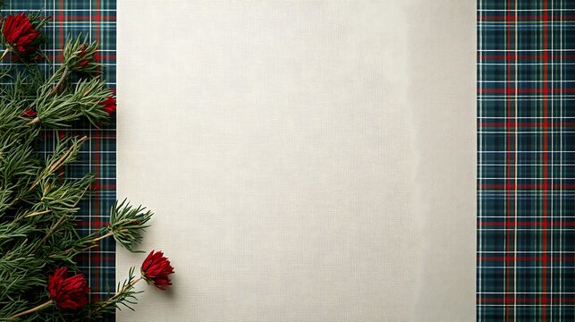 Festive red flowers and evergreen branches on plaid background with blank space. - Powered by Adobe