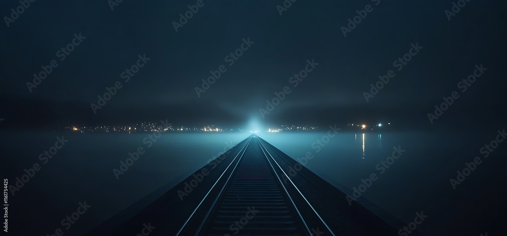 Poster a serene railway track extending into a foggy distance, illuminated by light.