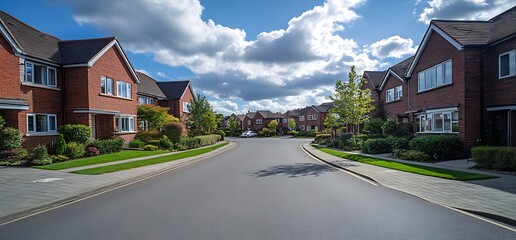 Naklejka premium A serene residential street lined with houses and greenery under a blue sky.