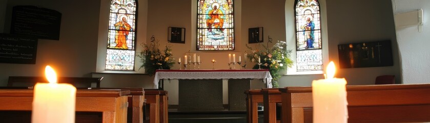 A serene interior of a church featuring stained glass windows and candles.