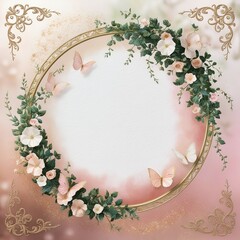 A romantic pink and peach gradient backdrop with floral vines climbing the circular gold frame
