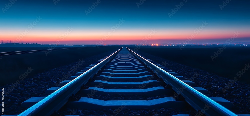 Poster a serene view of railway tracks extending into a colorful twilight horizon.