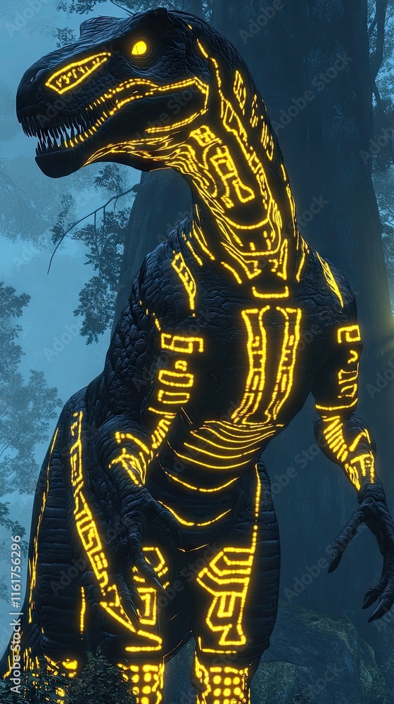 Poster a glowing dinosaur figure with intricate patterns in a misty forest setting.