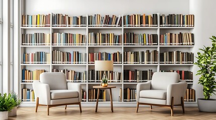 Modern library with bookshelves, armchairs, and plants.