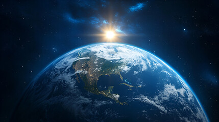 Obraz premium A stunning view of Earth from space, showcasing the planet's curvature, vibrant blue oceans, and glowing sun rising on the horizon.