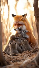 Naklejka premium A fox with its kits nestled together in a warm, natural setting during golden hour.