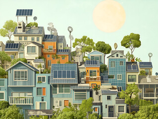 Obraz premium A vibrant collection of eco-friendly homes equipped with solar panels, wind turbines, and surrounded by greenery under a bright sun.
