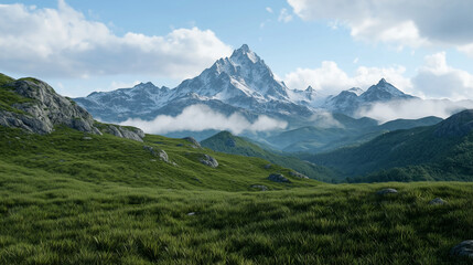Fototapeta premium Clouds drift over a mountain range showcasing a grassy hillside