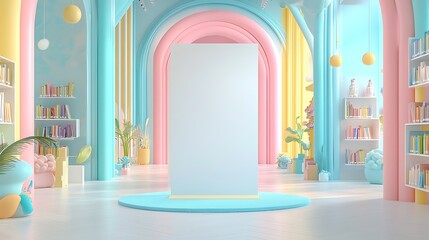 Pastel-colored children's library interior with blank vertical poster.