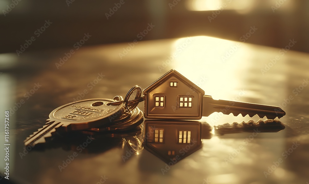 Poster a set of house keys resting on a table, symbolizing home ownership.