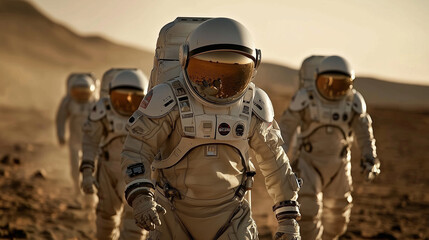 Team of astronauts exploring a red planet surface with alien city