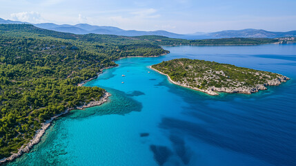 Aerial view of a coastal landscape with lush greenery and a small island