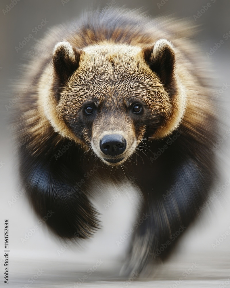 Poster a bear running towards the viewer, showcasing its powerful physique and dynamic movement.