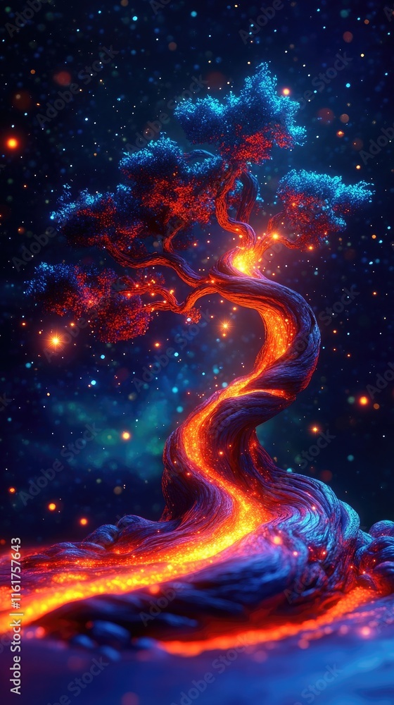 Poster a surreal tree with a glowing lava-like path under a starry sky.