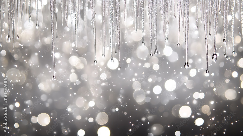 Poster a shimmering display of icicles and bokeh lights in a wintery scene.