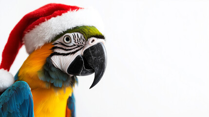 Blue and yellow macaw wearing Santa hat posing on white background
