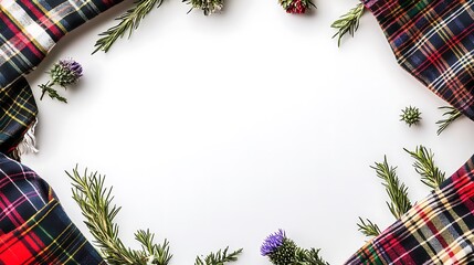 Plaid fabric, rosemary, thistle floral arrangement on white background.