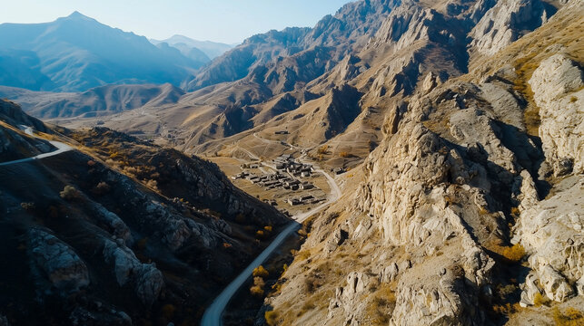 Famous ruined Goor village in Dagestan surrounded by rocky mountains