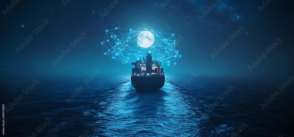 Poster a ship navigating through a digital ocean under a glowing moon.