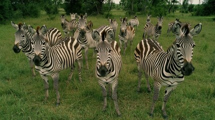Fototapeta premium A herd of zebras standing in a grassy field, looking directly at the camera.