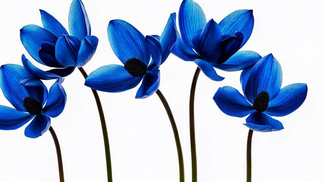 Blue flowers arranged elegantly with dark centers against a plain white background