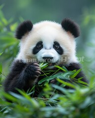 Fototapeta premium A cute panda eating bamboo in a lush green environment.