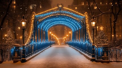 Obraz premium Festive Winter Bridge Illuminated With Lights And Snow
