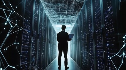 Obraz premium A silhouette of a person in a data center, surrounded by digital networks.
