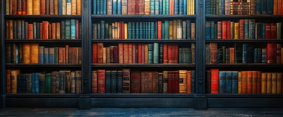 Antique Bookshelf Filled with Vintage Books and Leather-Bound Volumes