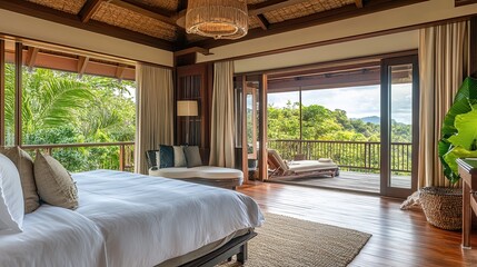 Fototapeta premium Luxurious bedroom with large windows offering stunning jungle views and private balcony.