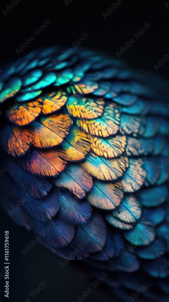 Poster a close-up of iridescent feathers showcasing vibrant colors and intricate patterns.